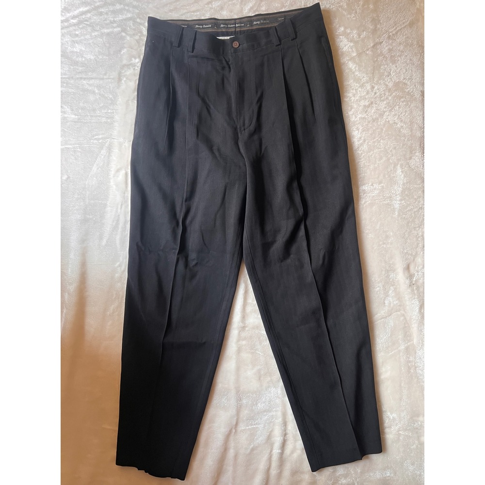 Tommy Bahama Men 34 Black 100% Silk Pleated Herringbone Dress Pants Trousers